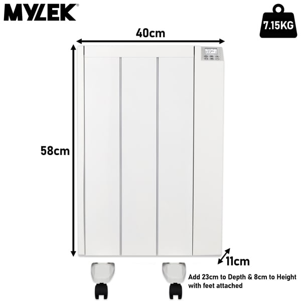 MYLEK Electric Radiator Panel Heater Ceramic White Eco 600W Bathroom Safe Wall Mounted Or Free Standing With Timer Thermostat