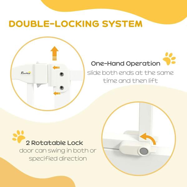 White dog safety gate lock system diagram with slide-and-lift one-hand operation