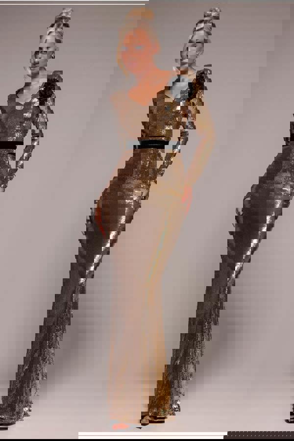 Liquid Sequin Corsage Maxi Dress - Gold DR4056