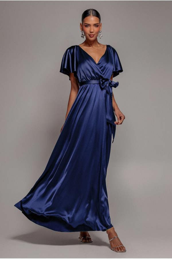 Satin Flutter Sleeve Wrap Maxi Dress - Navy Blue DR3640