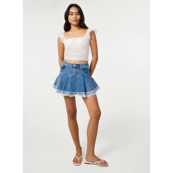 Pink Vanilla Flippy Lace Trim Denim Skirt With Shorts