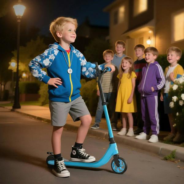 Blue foldable kids electric scooter with black grips and front wheel, ready to ride