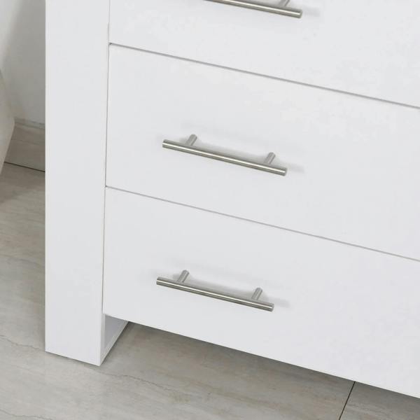 White cabinet drawer front with metal bar handles on stacked 4-drawer body