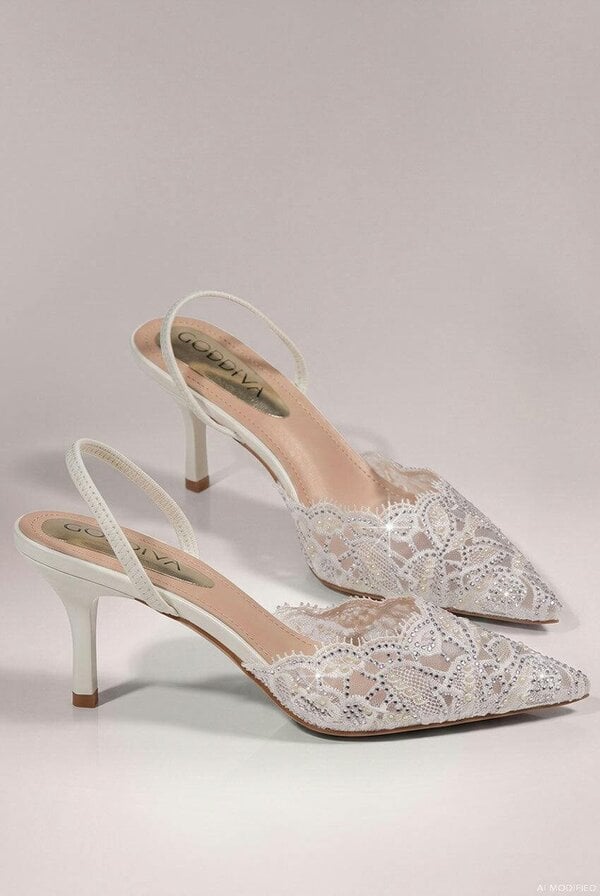 Goddiva Embellished Scalloped Edged Lace Slingback Heels - White by Goddiva