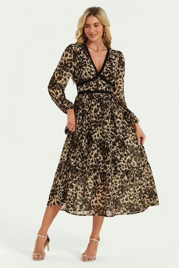 FS Collection Leopard Print Foil Lace Trim Long Sleeve Maxi Dress In Brown