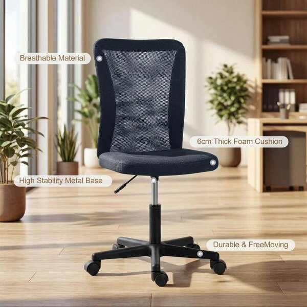 Bobobiy Computer Desk Chair, Mesh Office Chair with Adjustable Height and Swivel Wheels, Armless Study Chair, Dark Grey