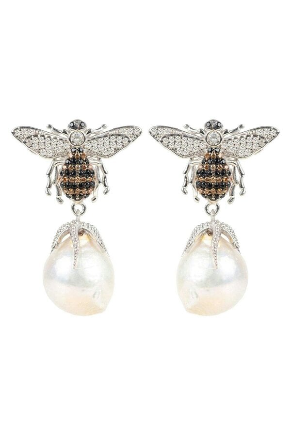 Latelita Baroque Pearl Honey Bee Drop Earrings Silver