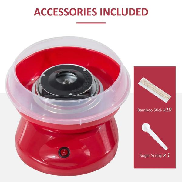 Red cotton candy maker with clear bowl lid, plus sugar scoop and bamboo sticks