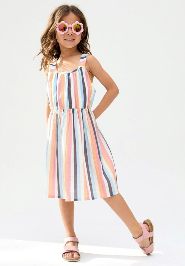 Kids Kris Cross Back Stripe Print cotton Dress In Multi - image 1