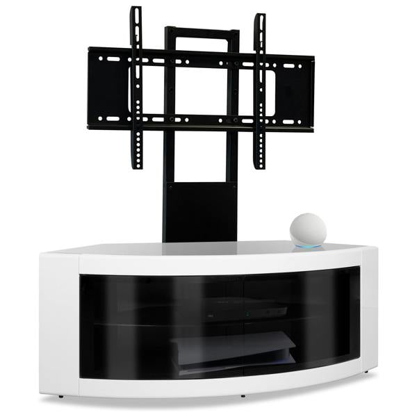 Homeology PANGEA Black/White Beam-Thru Curved True-Corner 32"-50" TV Cabinet with Mounting Arm