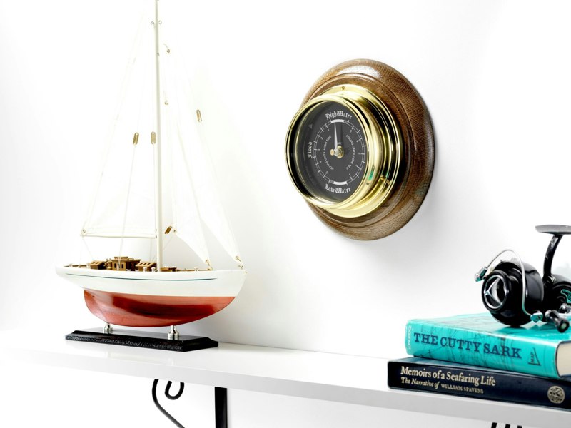 Tabic Handmade Prestige Tide Clock in Solid Brass Mounted on solid English Dark Oak