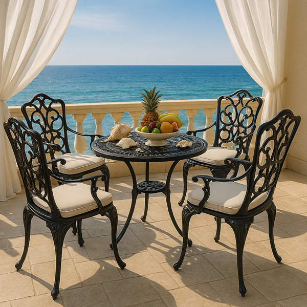Centurion Supports TABREEZ Opulent Garden and Patio Table and 4 Large Chairs with Armrests Cast Aluminium Bistro Set - Black