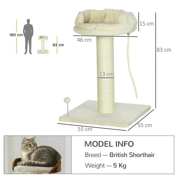 Cream cat tree with wide square base, tall sisal post, and round plush bed