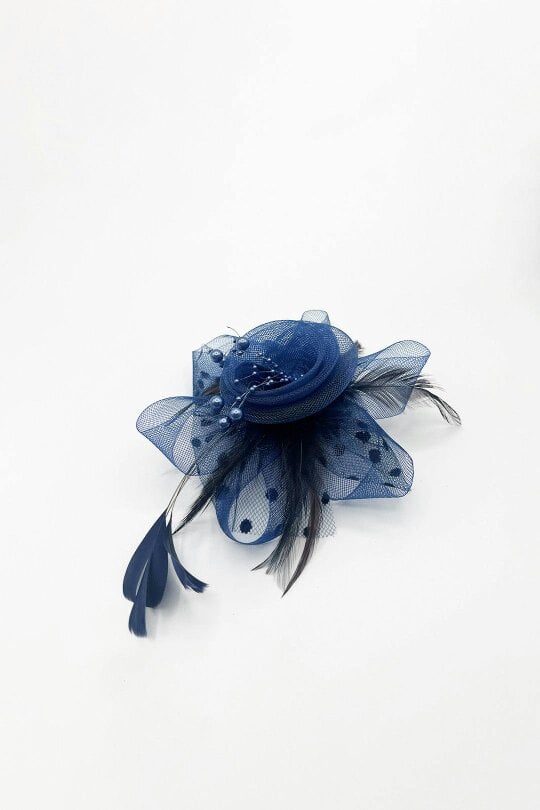 SVNX Rosette Faux Pearl & Polka Veil Feather Fascinator in Navy and Black