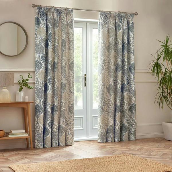 Wylder Ophelia Jacquard Floral Pencil Pleat Curtains - Wedgewood - 