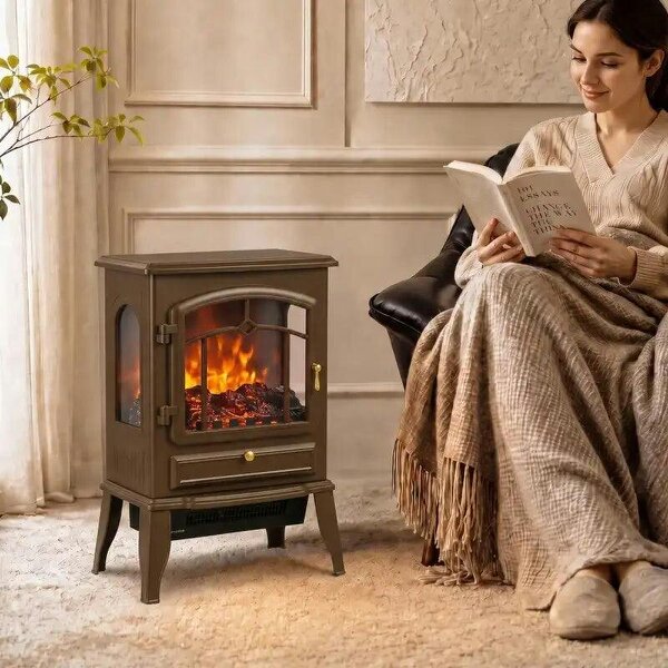 Electric Fireplace Stove, 1000/2000W 3-Sided Freestanding Fireplace Heater with 3D Flame Log, Thermostat, Brown - Brown