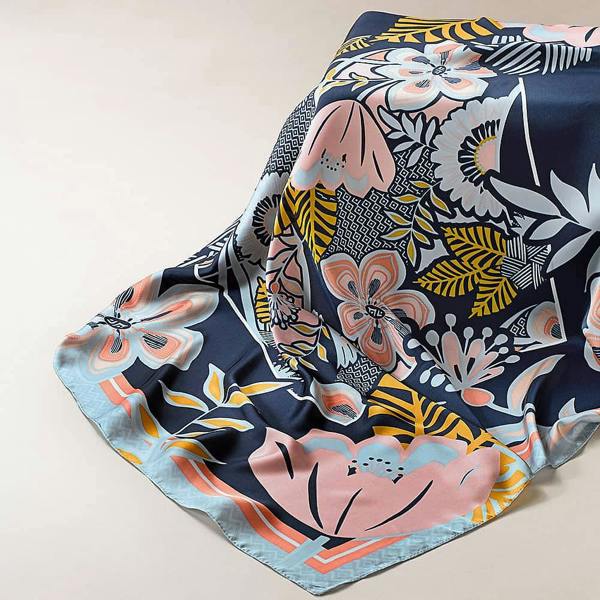 Pia Navy Floral Scarf, Silk-Feel Polyester Scarf with Yellow & Pink Print