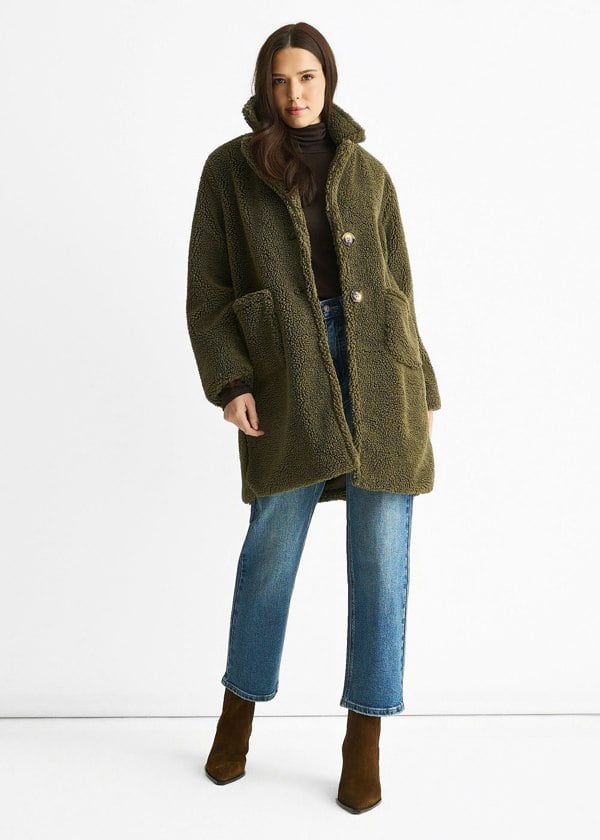 Gini London Khaki Faux Fur Longline Teddy Overcoat