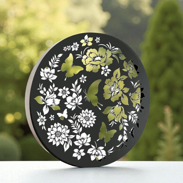 EDH Door Hardware Round Solar Wall Panel with Butterfly – Outdoor Metal Wall Art with Warm LED Light | Weatherproof Garden & Patio Décor (40cm)
