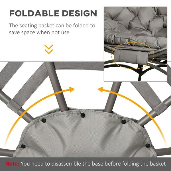 Folding egg chair basket with gray seat cushion and side cushion detail