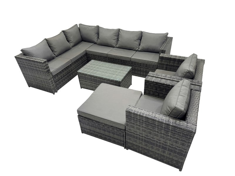 Fimous Outdoor Rattan Rectangular Coffee Table Corner Sofa Sets Garden Furniture Set with 2 Chairs Big Stool Dark Grey Mixed