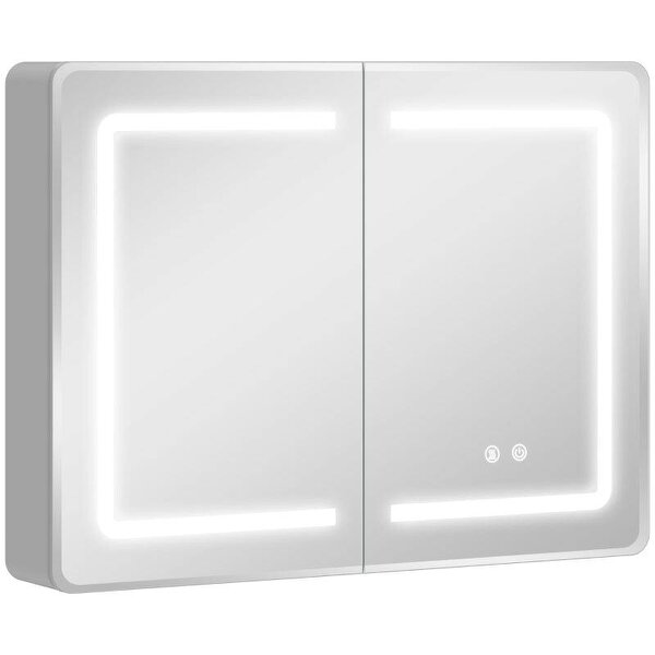 Mirrored Bathroom Cabinet with LED Lights, 60 x 80 cm Bathroom Mirror Cabinet with Anti-Fog, 3 Colour Dimmable Lighting