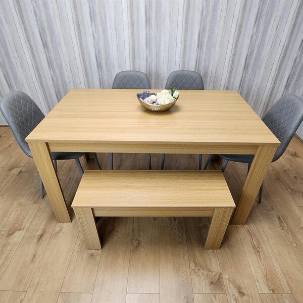 Kosy Koala Wooden Dining Table Set for 6 Oak Effect Table With 4 Grey Gem Patterned  Chairs and 1 Bench