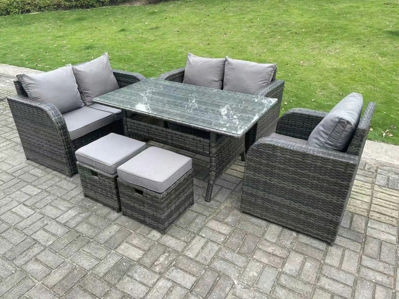 Fimous Dark Grey PE Wicker Rattan Garden Furniture Set Reclining Chair Love Sofa 2 Seater Sofa Set Outdoor Rectangular Dining Table 2 Stools 5 Seater