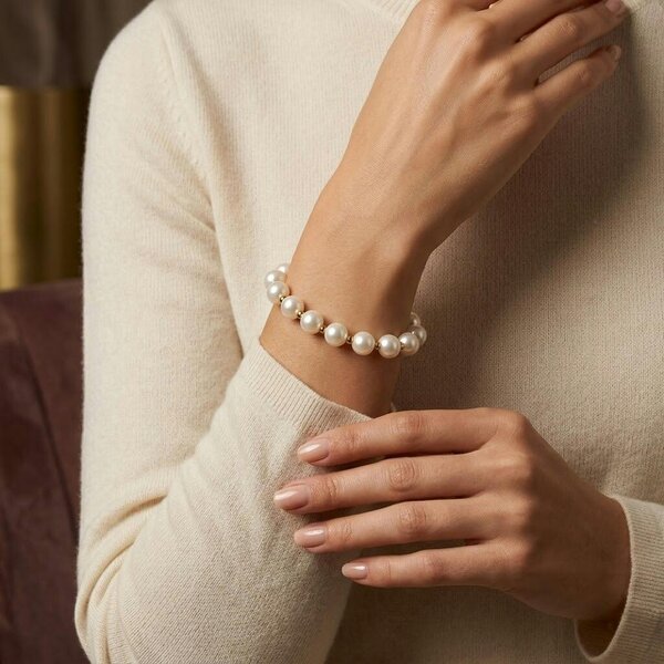 The Colourful Aura 12mm White Pearl Beaded Bracelet with Gold Screw Lock Clasp