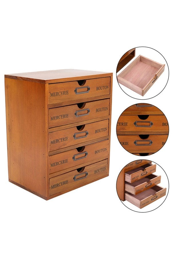 Living and Home Vintage Wooden Storage Box Brown Home Office Desk Organizer With 5 Drawers