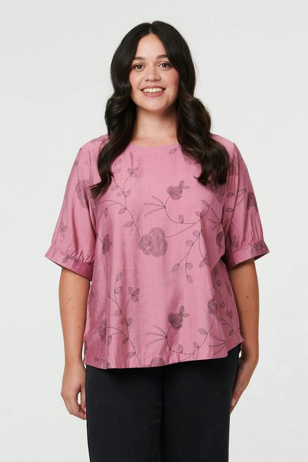 Pink | Curve Floral Short Sleeve Blouse Top
