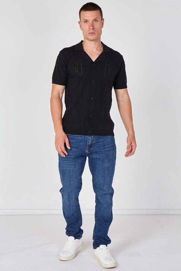 Men's Textured Knitted Button-Through Polo Shirt