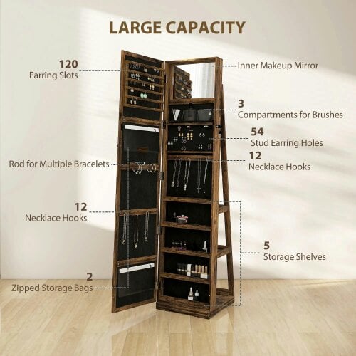 Bobobiy 360° Swivel Jewellery Cabinet, Lockable Jewellery Organiser with Built-in Makeup Mirror and Storage Shelves, Rustic Brown