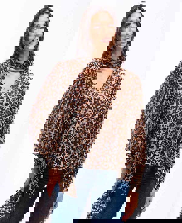 Needs No Label Leopard Printed Tie Neck Blouse