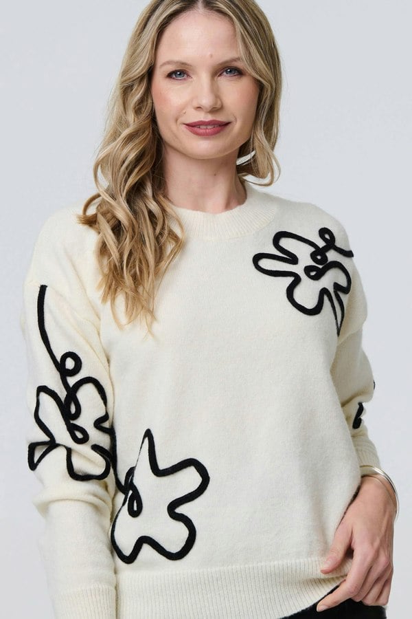 White | Floral Embroidered Relaxed Jumper
