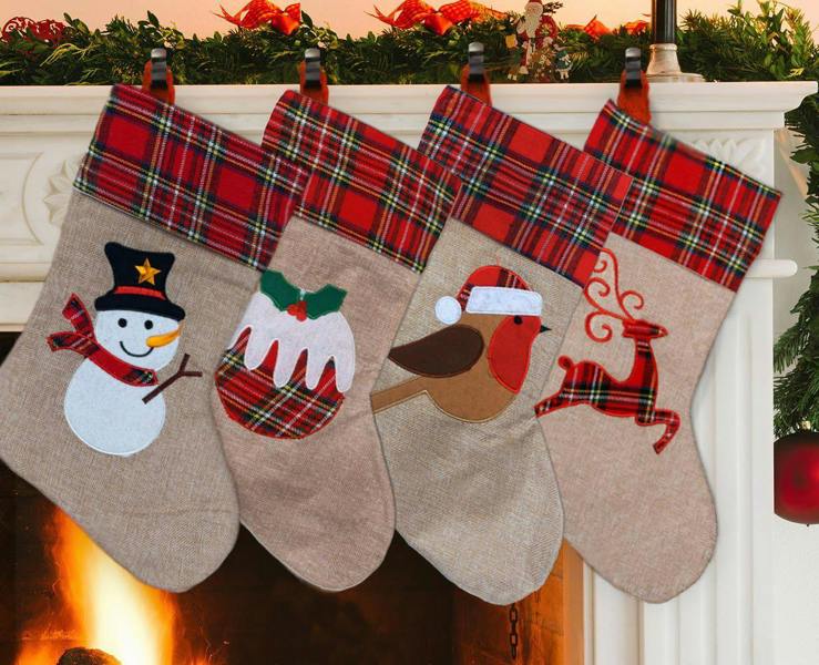 45cm Christmas Stockings Set of 4 Reindeer, Snowman, Robin and Pudding Hanging Decorations image 5