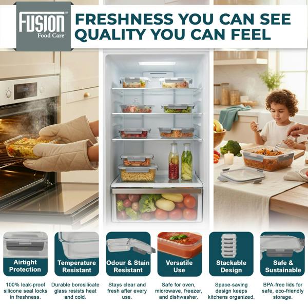 Fusion Food Care Food Storage Containers with Airtight Lids 10 Pack - 5x370ml & 5x1040ml Glass Meal Prep Containers Set BPA Free Glass Food Container