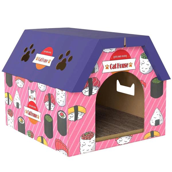 Pink cardboard cat house with purple roof, open doorway, scratch surface inside