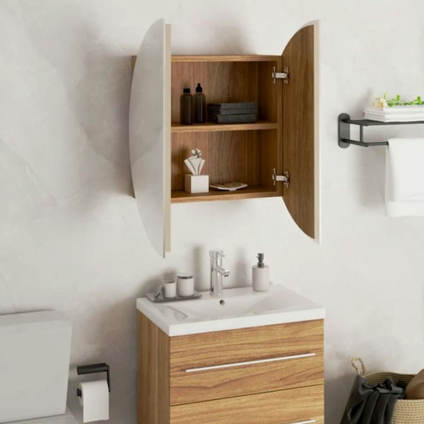 Berkfield Bathroom Cabinet with Round Mirror&LED Oak 47x47x17.5 cm