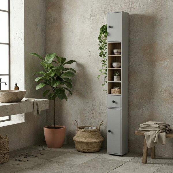 Wyld Haus Tasere Tall Slim Bathroom Storage Cabinet With Drawers Shelves And Cupboards Grey