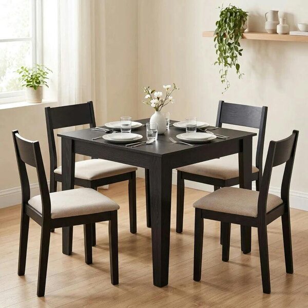 Dining Table for 4, 80L x 80W x 75Hcm, Modern Square Kitchen Table with Wood Effect Tabletop, Black Wood Effect