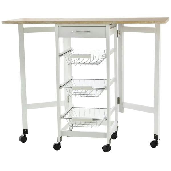 White kitchen cart trolley with oak top, three wire baskets, and rolling caster wheels