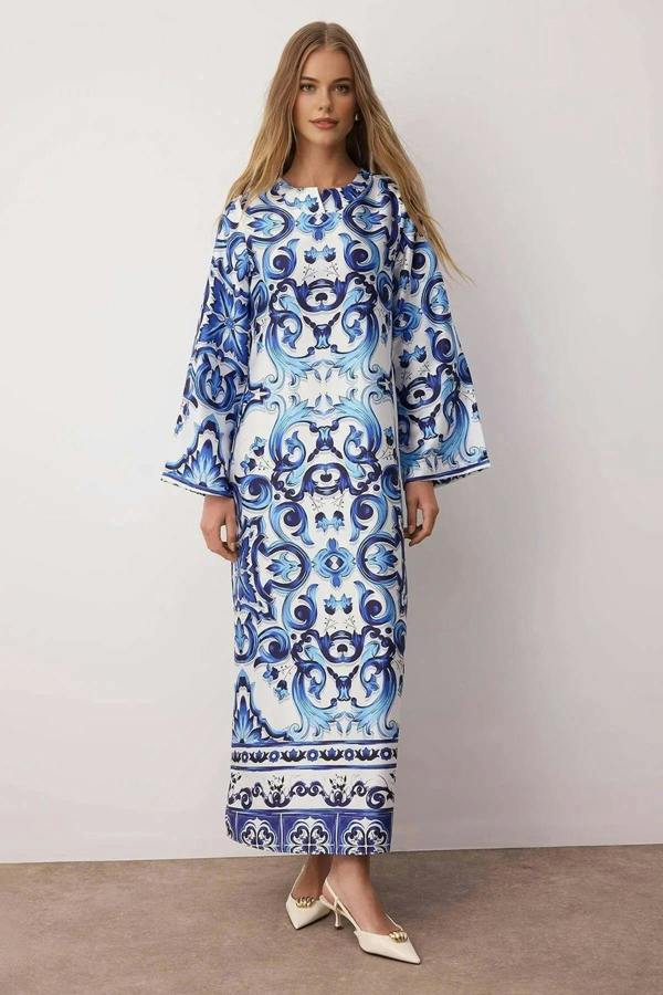 WOVCOR Satin Ethnic Patterned Evening Dress