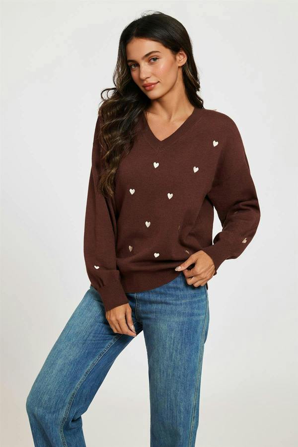 FS Collection Embroidery Cream Heart V Neck Jumper In Brown