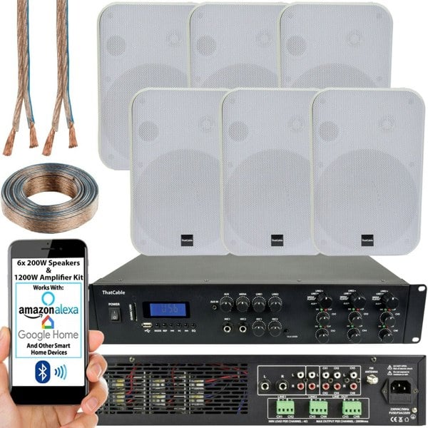 1200W Bluetooth Sound System 6x 200W White Wall Speaker 6 Zone Matrix Amplifier