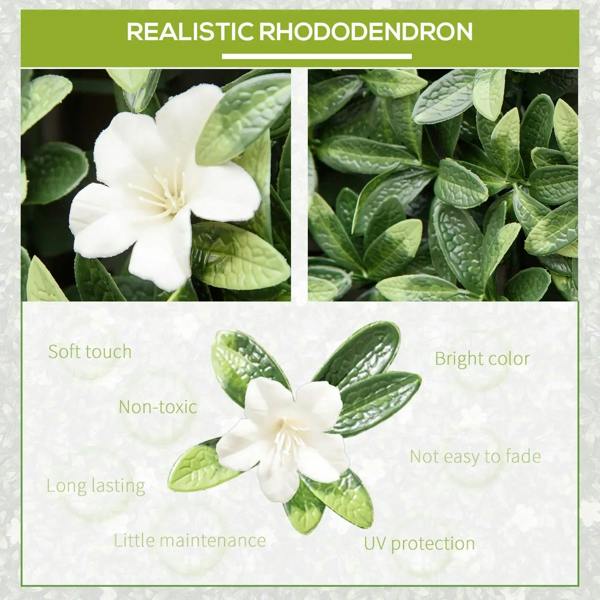 Artificial rhododendron greenery panel with white flowers and textured green leaves