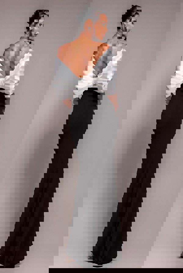 Contrast Off Shoulder Back Satin Bow Scuba Maxi Dress - Black Cream DR4708CONTRAST