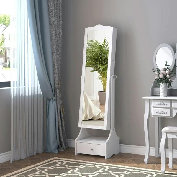 White floor-standing mirrored jewelry cabinet with flip lid and storage base