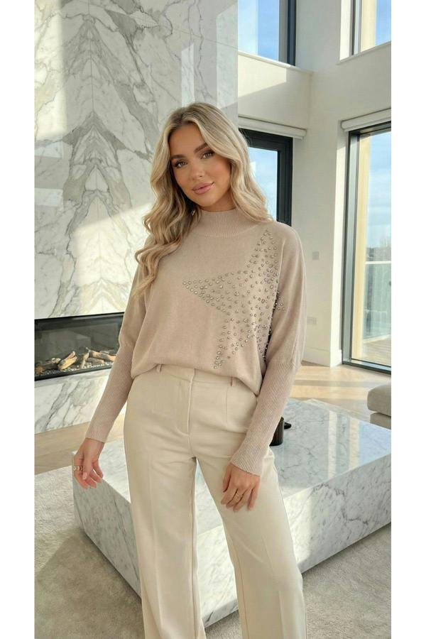 Jaira Oversized Knitted Jumper With Studded Star Detail - Beige