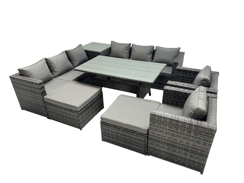 Fimous Outdoor Corner Sofa Chair Dining Table Set Garden Rattan Furniture Set 10 Seater with Side Table 2 Big Stools Dark Grey